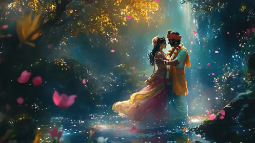 Romantic Couple in Magical Garden with Floating Petals