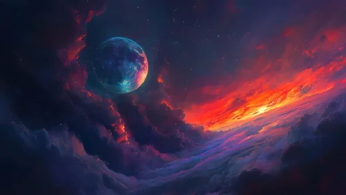 Planet hangs over stormy nebula sky with glowing sunset band