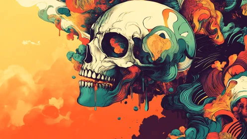 Surreal skull dissolves into neon fluid abstract shapes.
