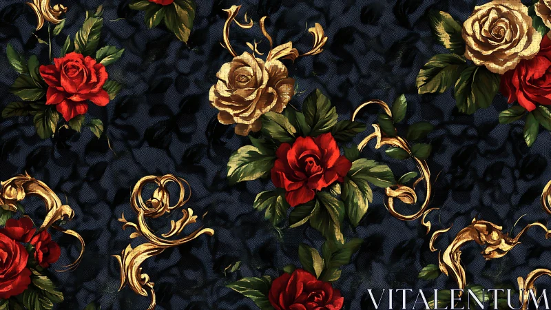 Elegant Gold and Red Roses on Dark Damask Pattern.