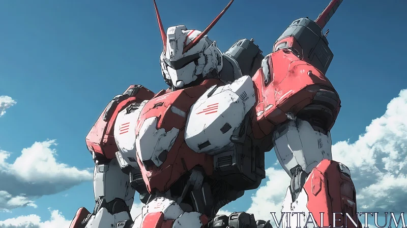 Red and white combat mecha dominates clear daytime sky.