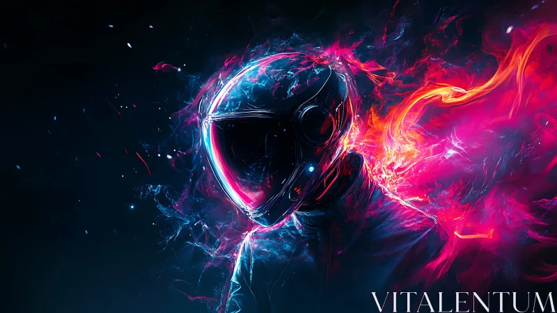 Neon-ignited astronaut silhouette dissolves into chromatic plasma