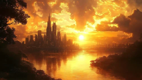 Golden river city at sunset wrapped in glowing clouds.