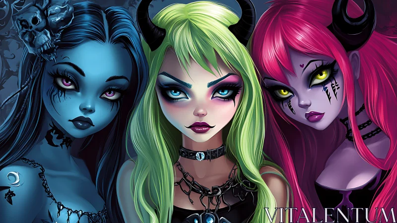 Gothic demon trio in neon hues with stylized glossy eyes.