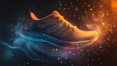 Running shoe render shows floating profile in colored particles