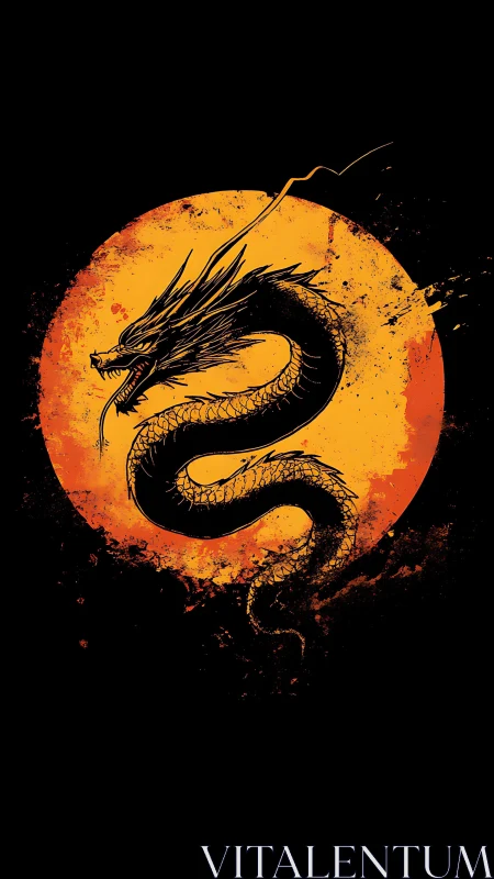 Coiled black dragon silhouette over blazing grunge sun