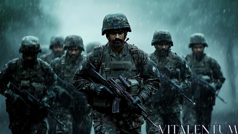 Soldier squad advancing through heavy rain in vivid focus.