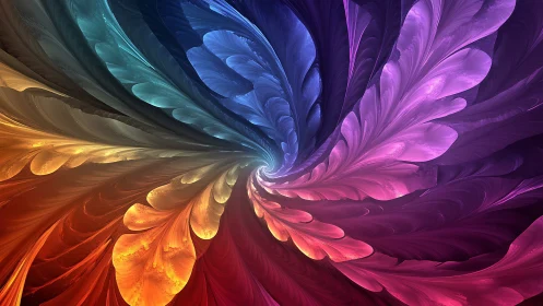 Radial multi‑color fractal plume vortex with feathered curvature