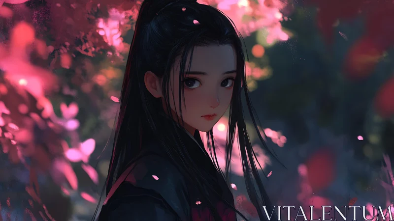 Melancholic girl pauses beneath glowing pink blossoms at dusk