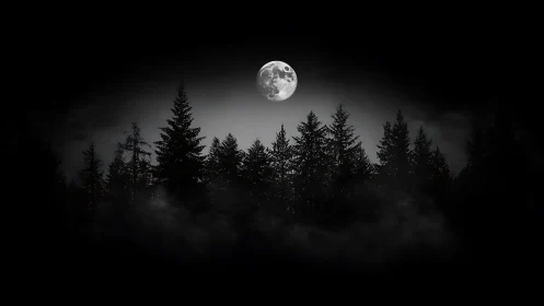 Full moon above dense conifer forest with low ground fog.