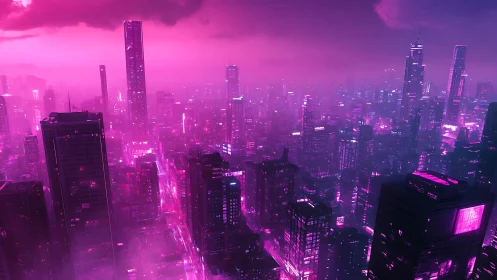 Neon drenched cyberpunk skyline over dense city blocks.