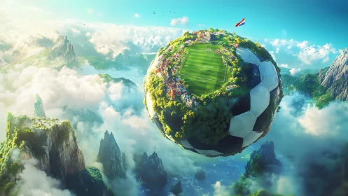 Floating spherical soccer world orbits above clouded mountains