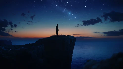 Stargazing soul on a quiet cliff above a glowing sea.