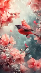 Scarlet songbird in stylized blossom canopy scene.