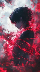 Crimson aura engulfing solitary anime figure in clouds.