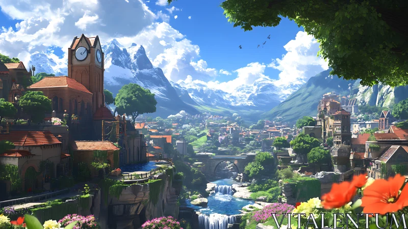 Clocktower valley cityscape with terraced waterfalls and peaks.