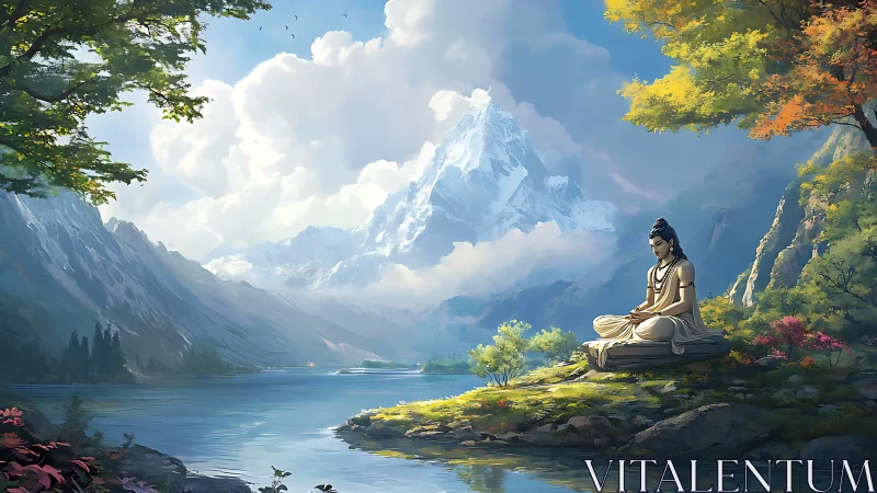 Meditative figure studies serene alpine lake under volumetric clouds