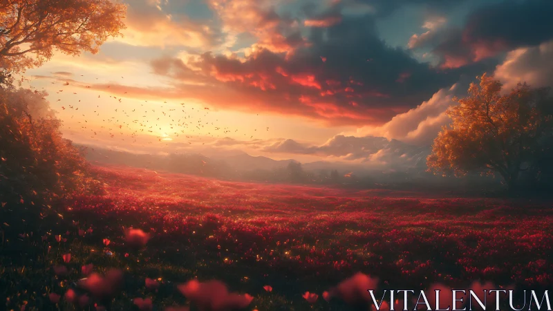 Sunset over red flower meadow with distant mountain range.