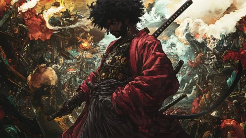 Afro samurai stands amid burning city in storm of chaos