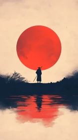 Lone river ronin beneath a blazing crimson sun reflection.