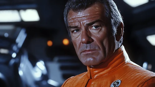 Seasoned starship commander in orange pressure suit portrait