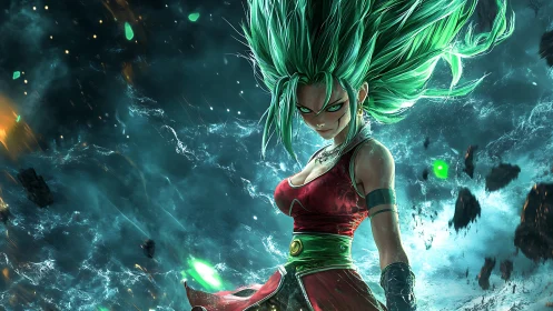 Green haired warrior unleashes cosmic power in stormy void.