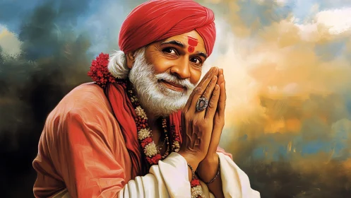 Smiling sage in saffron robes bathed in painted twilight glow.