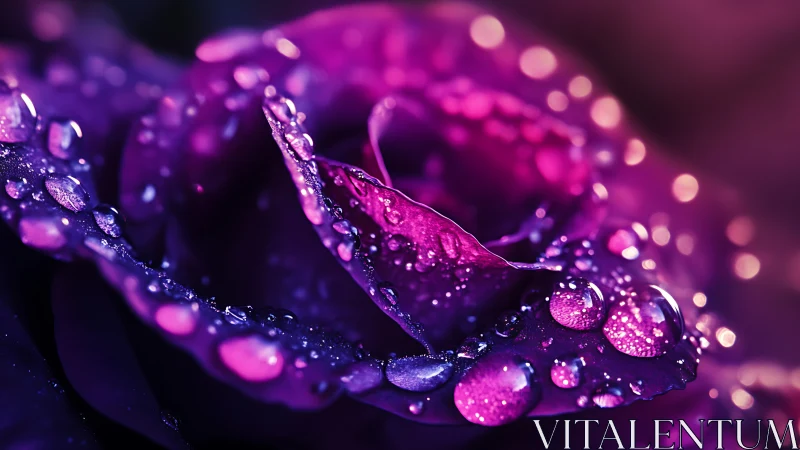 Macro water droplets on curved surface with vibrant purple pink lighting