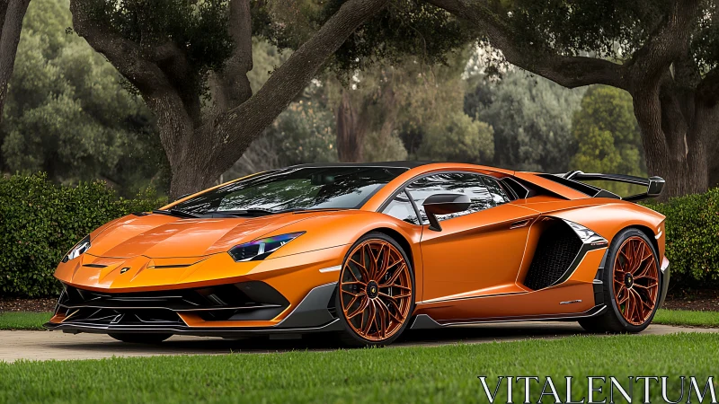 Orange mid‑engine sports car in landscaped outdoor setting.