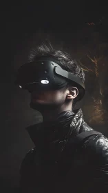 Man wearing VR headset stands in dramatic low key lighting