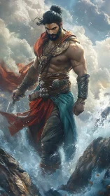 Mythic warrior with ornate armor striding through storm surf