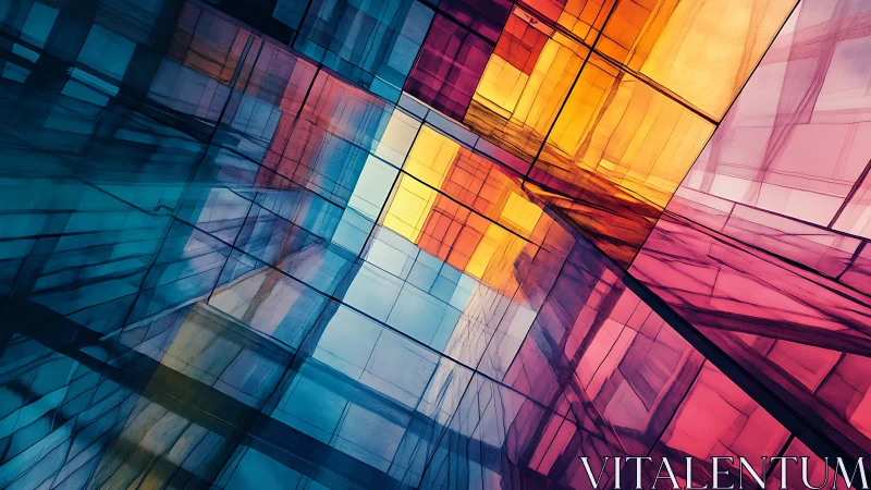 Geometric glass panels in prismatic cyan, magenta, amber.