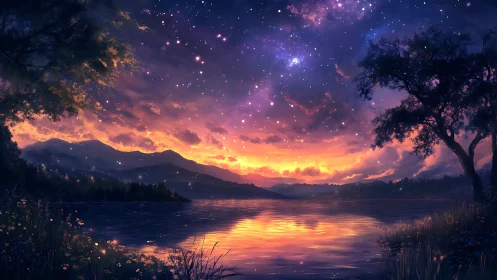 Starlit mountain lake glows under vivid twilight sky.