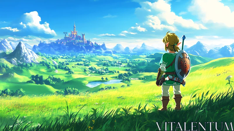 Heroic wanderer studies a sunlit kingdom of rolling emeralds