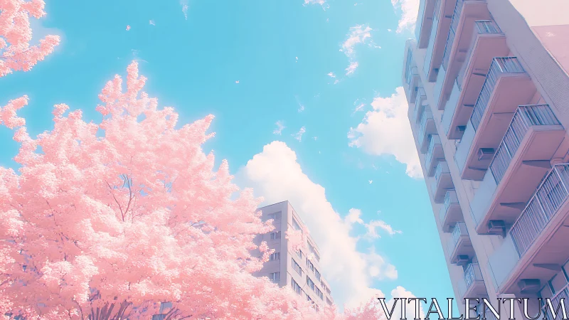 Pastel urban high-rise with cherry blossoms under cyan sky