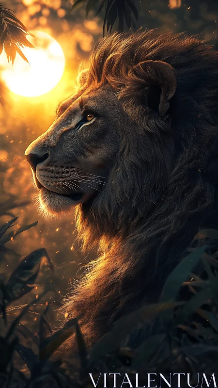 Regal lion profile bathed in blazing jungle sunset glow.