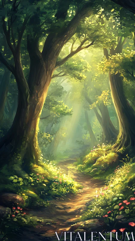 Forest pathway with luminous canopy and understory vegetation.