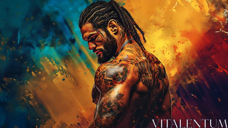 Tattooed male figure against abstract warm cool backdrop.