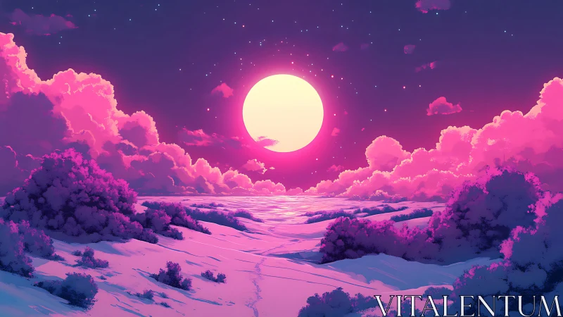 Neon moonrise bathes a dreamy snowfield in pink glow.
