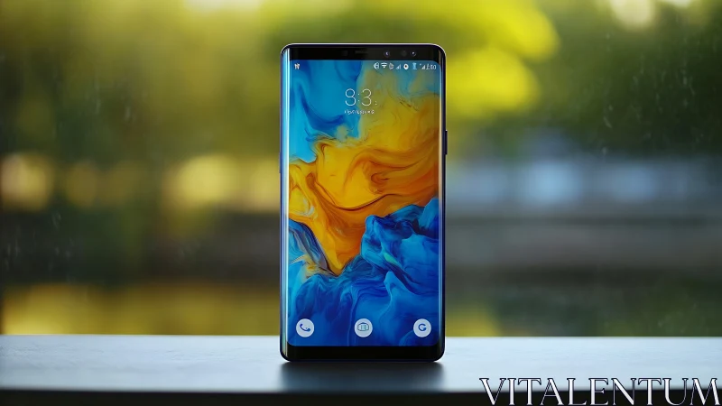 Smartphone with Abstract Fluid Art Wallpaper Display.