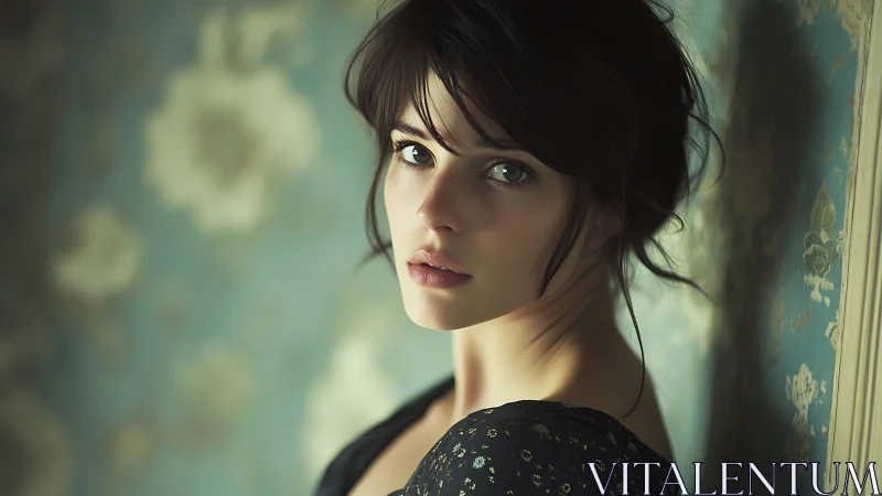 Young woman portrait against muted floral wallpaper background.