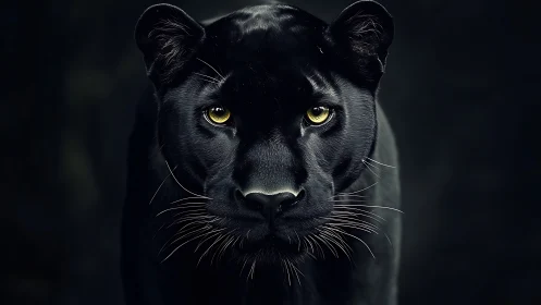 Black panther with striking amber eyes staring intensely forward.