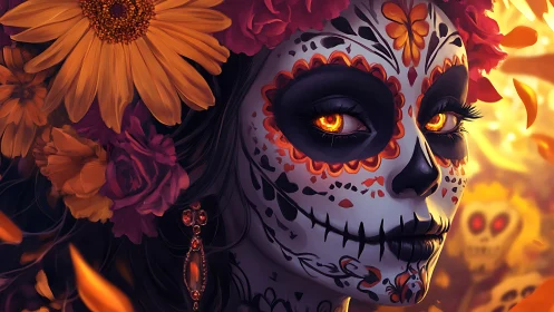 Sugar skull portrait with marigolds and glowing eyes.