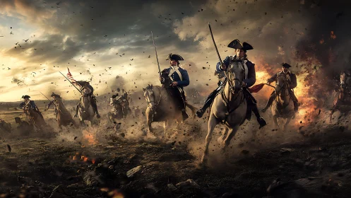 Cavalry officers charge through smoke, fire, and battlefield debris