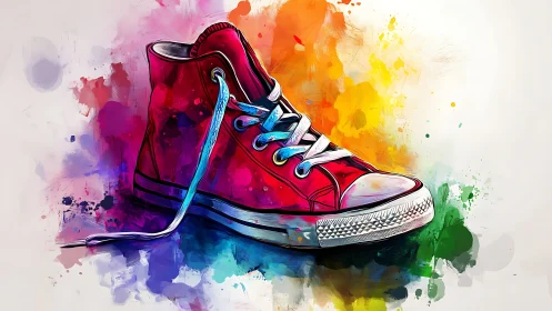 Red sneaker illustration sits on multicolored paint splash ground