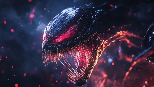 Digital painting of infernal alien predator in profile close-up.