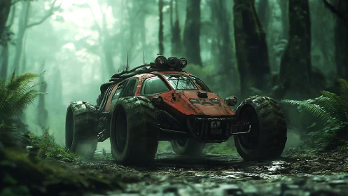 Heavily modified off-road vehicle in dense forest trail.