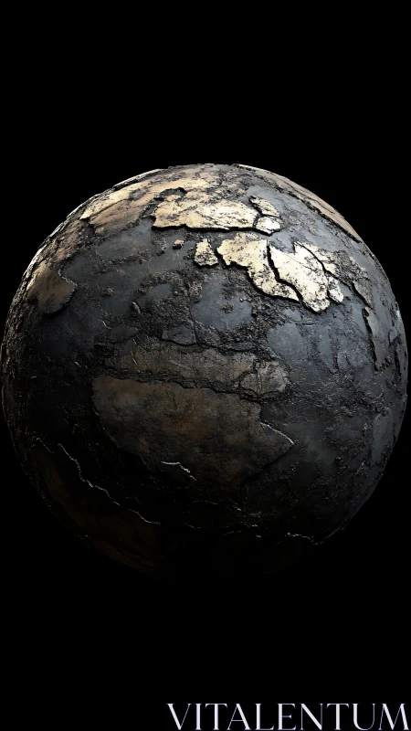 Scarred metallic planet glows softly in the dark void