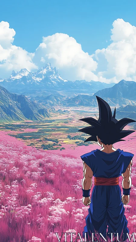 Wanderer in pink fields gazing toward distant blue mountains.