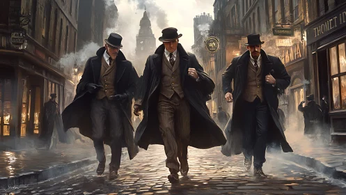 Victorian detectives stride through foggy cobblestone street.